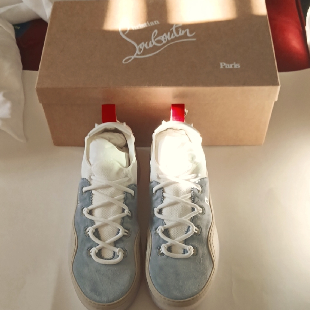 Christian Louboutin Men Sneakers in Blue and White and Tan ( NEW)